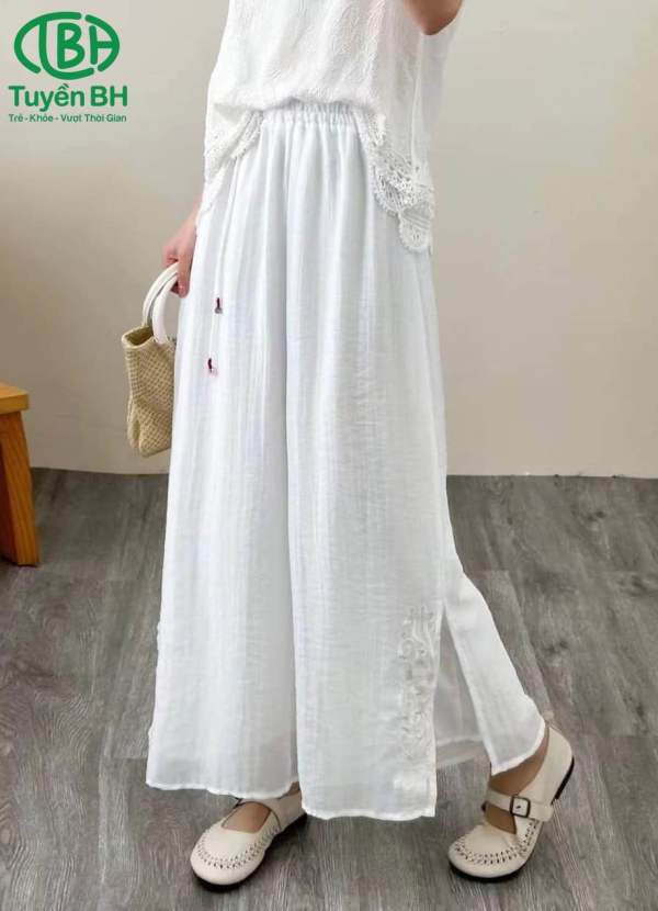 Quần linen tơ Trắng dây rơi 2lớp xẻ tà