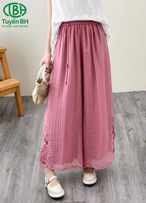 Quần linen tơ Trắng dây rơi 2lớp xẻ tà