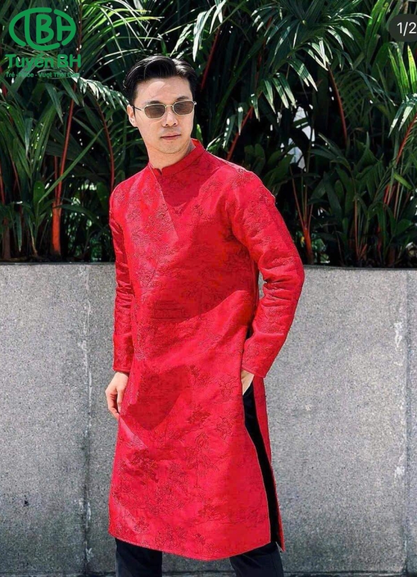 Áo dài nam Xanh dương họa tiết cây kim tiền 