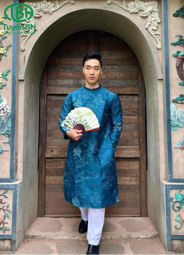 Áo dài nam Xanh dương họa tiết cây kim tiền 