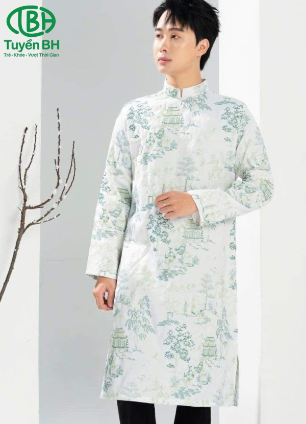 Áo dài nam Xanh dương họa tiết cây kim tiền 