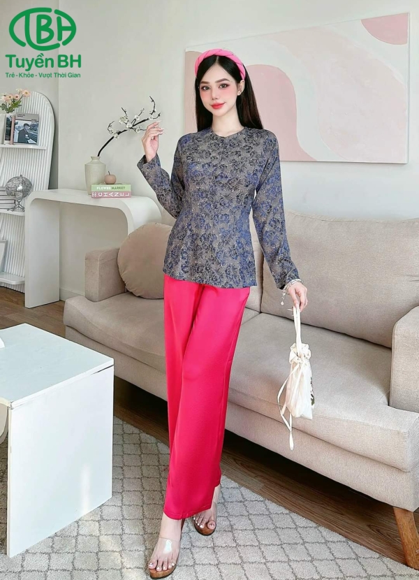Bộ bà ba TD Xanh dương họa tiết hoa mẫu đơn 