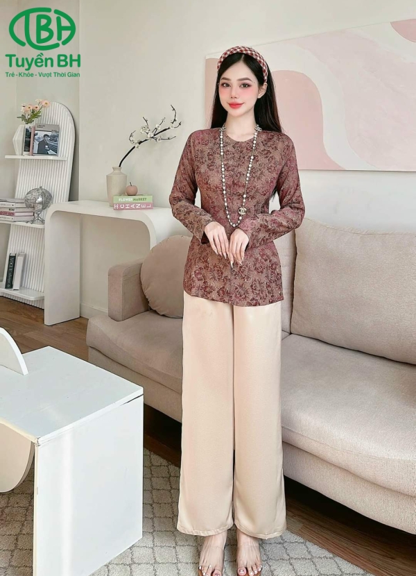 Bộ bà ba TD Xanh dương họa tiết hoa mẫu đơn 