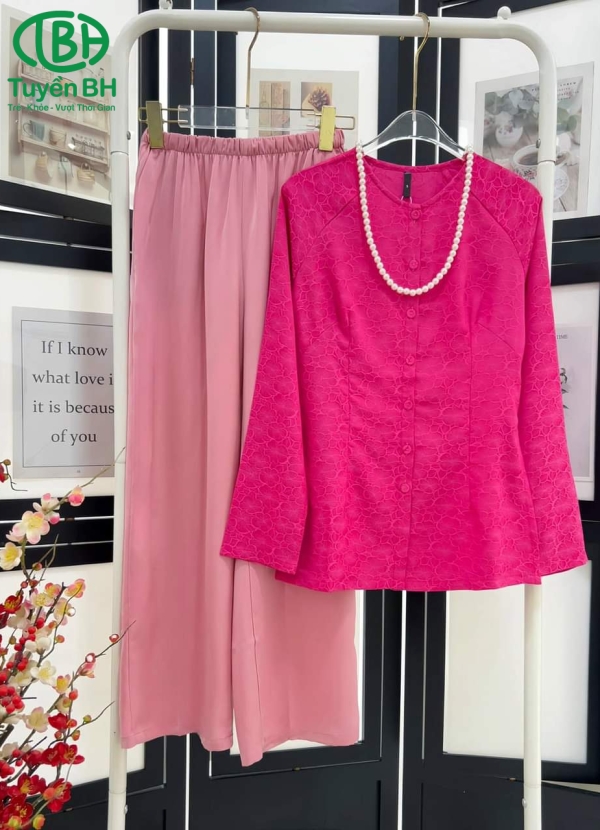 Bộ bà ba TD Hồng sen họa tiết hoa mai to
