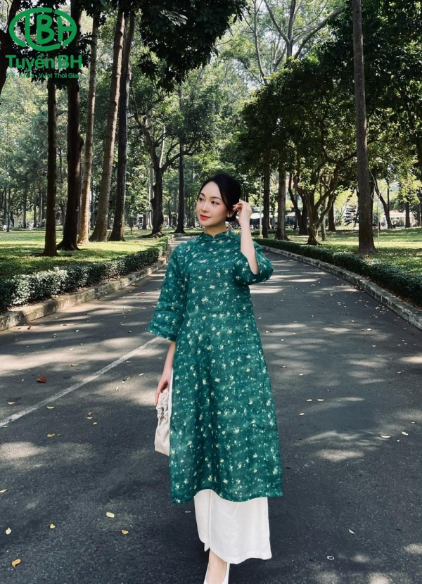 Áo dài linen Xanh họa tiết hoa nhí vàng