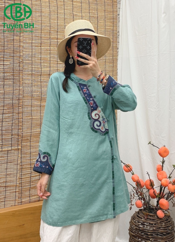 Áo linen thêu họa tiết dáng dài Tím