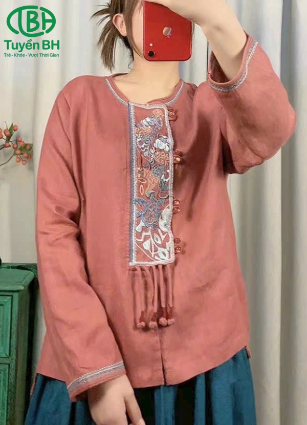Áo linen thêu đính ngọc cao cấp Trắng 