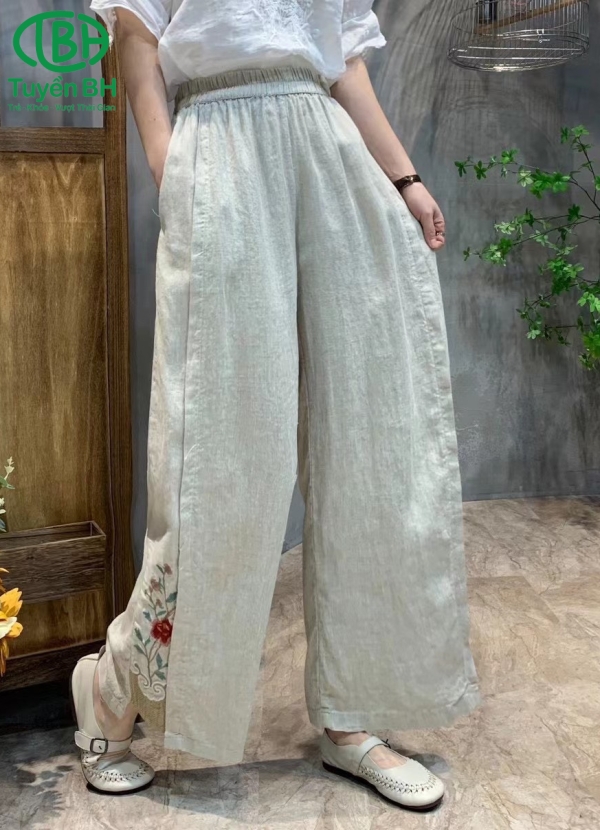 Quần linen Xám thêu hoa