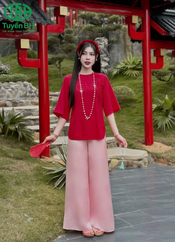Bộ lam cổ Tết dây nơ Vàng