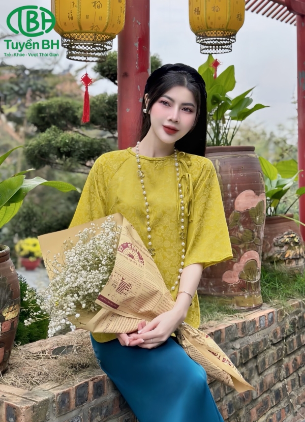 Bộ lam cổ Tết dây nơ Vàng