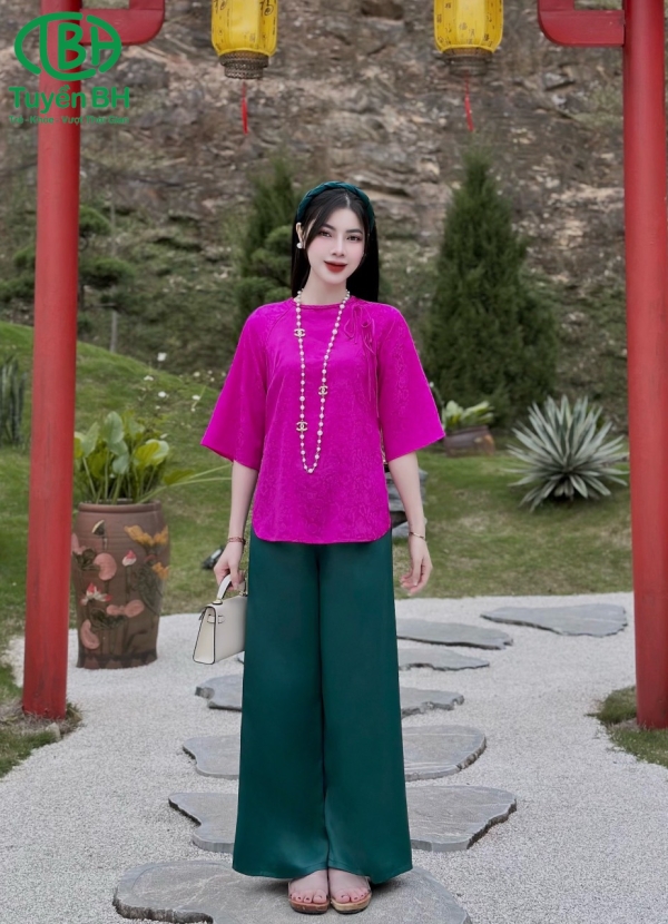 Bộ lam cổ Tết dây nơ Hồng sen 