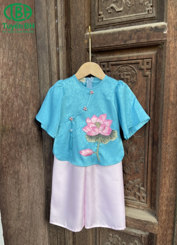 Bộ lam thêu sen màu Xanh Biển