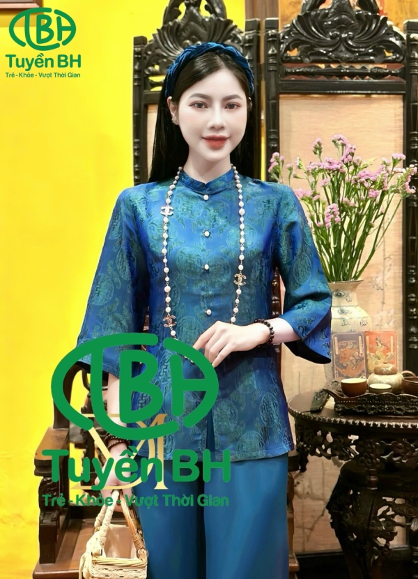 Bộ tơ tằm 6 cúc màu Xanh Dương 