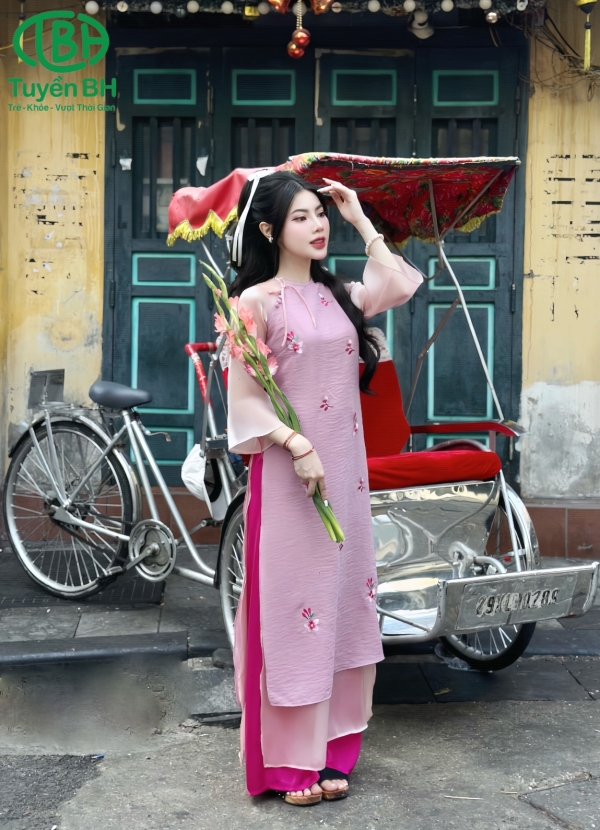 Áo dài voan thêu hoa không cổ Hồng sen