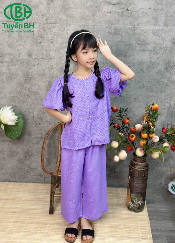 Bộ lam tay phồng chấm bi Cam