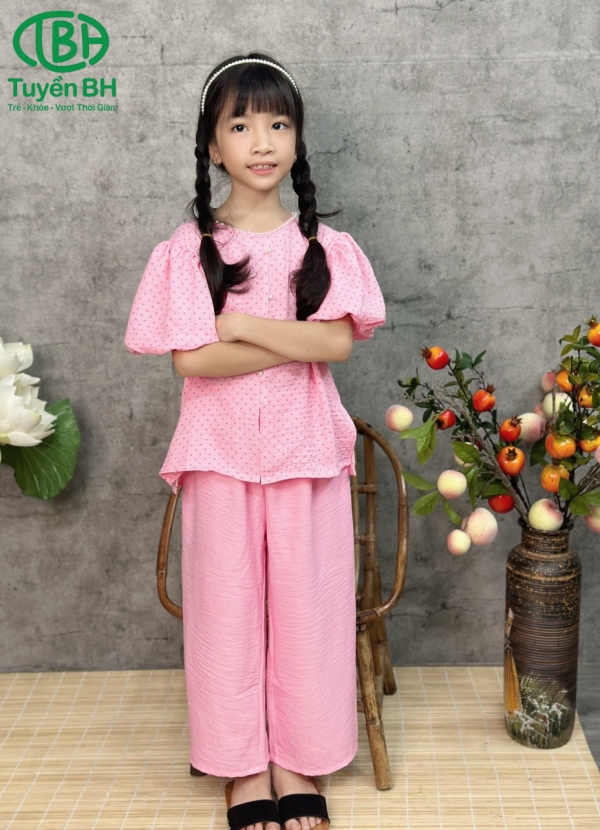 Bộ lam tay phồng chấm bi Cam