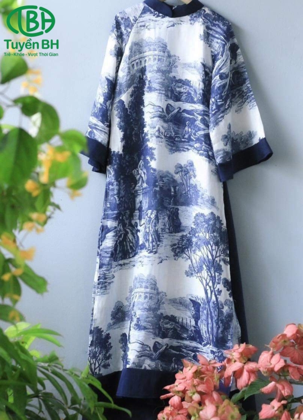 Áo dài Xanh Vintage viền Xanh