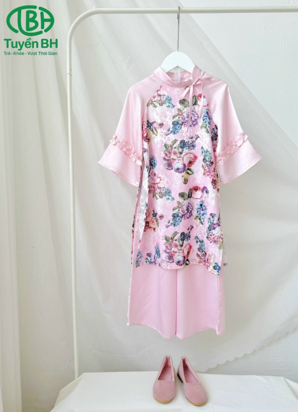 Áo dài Hồng hoa hồng tay đính ngọc