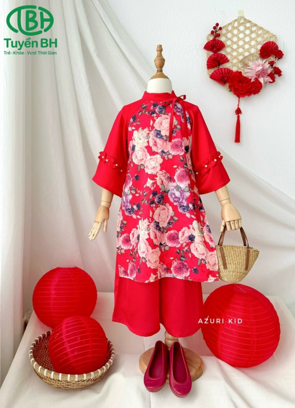 Áo dài Hồng hoa hồng tay đính ngọc
