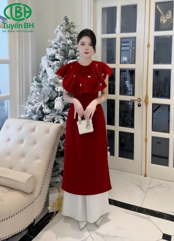 Áo dài nhung Đỏ thêu nơ xếp li