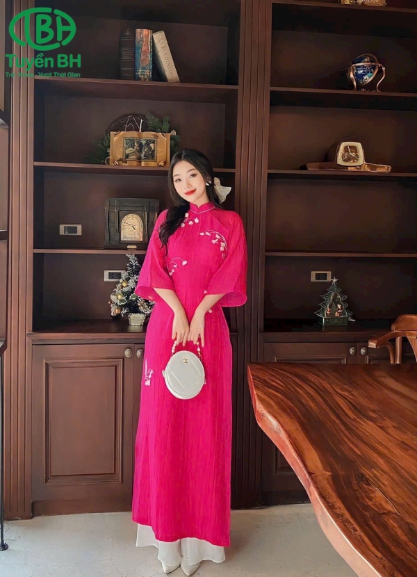 Áo dài Linh Nhi màu Hồng thêu hoa