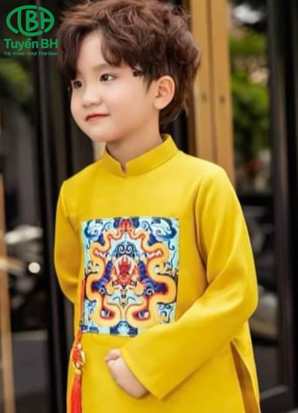Áo dài Xanh dương nhạt in họa tiết bé trai 