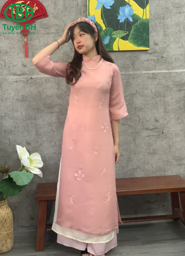 Áo dài voan Xanh dương thêu hoa đính ngọc