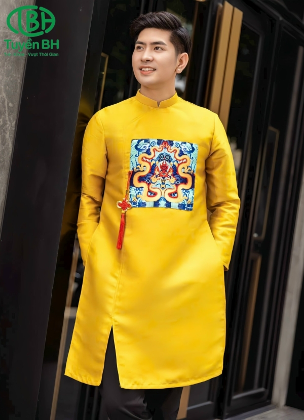 Áo dài Xanh dương nhạt Nam in họa tiết 