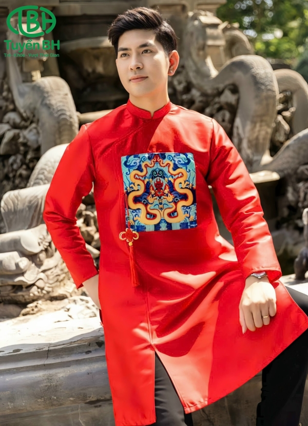 Áo dài Xanh dương nhạt Nam in họa tiết 