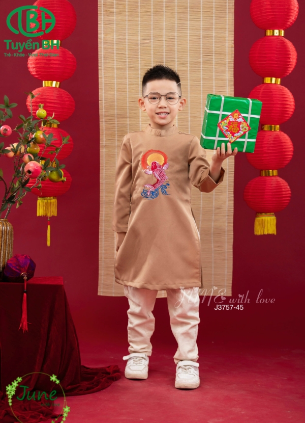 Áo dài bé trai thêu cá chép Vàng 