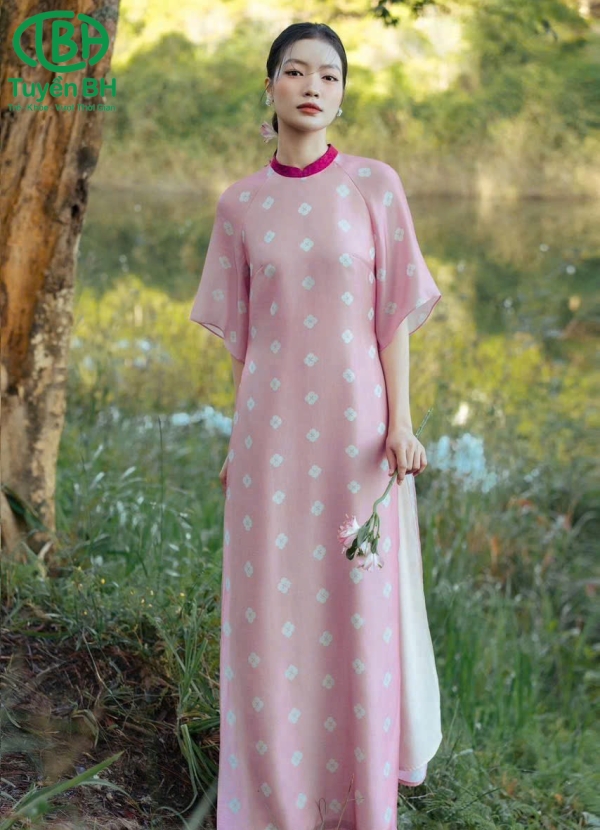 Áo dài tơ cổ tàu Hồng 