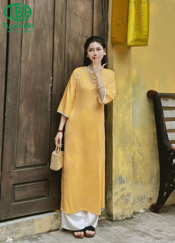 Áo dài gấm lụa Xanh 5 cúc tay bo