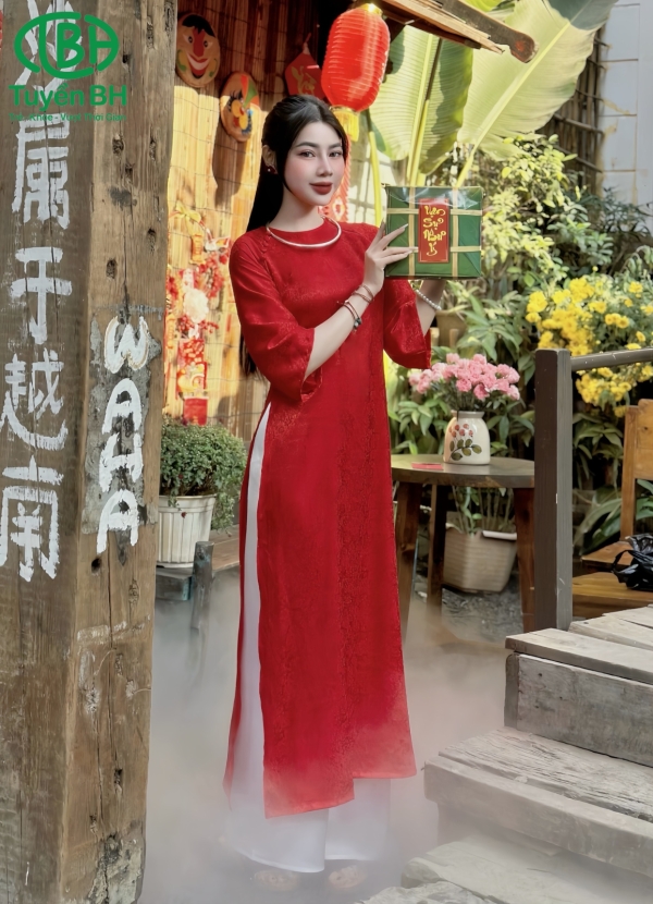 Áo dài gấm lụa Hồng sen 5 cúc tay loe