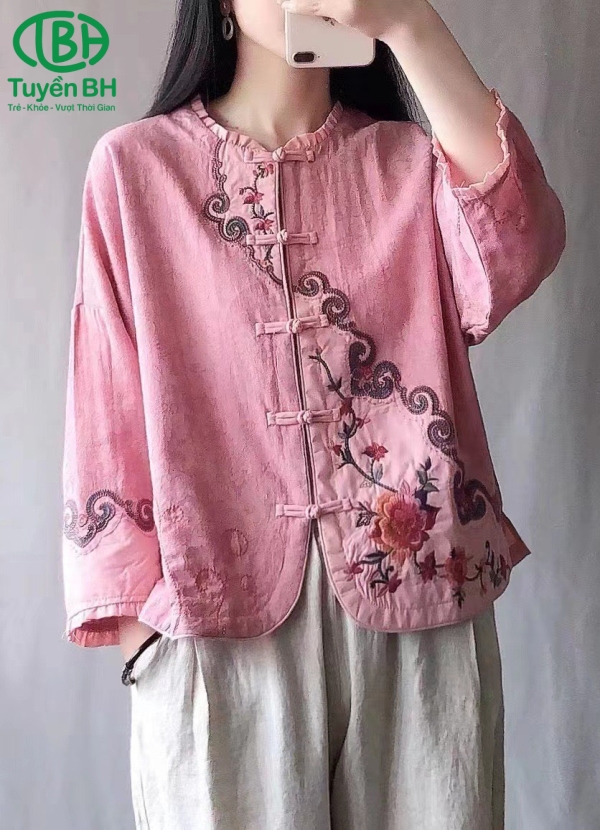 Áo linen Xanh thêu họa tiết phối màu 