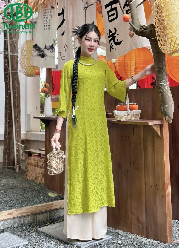 Áo dài vân lá Hồng sen 