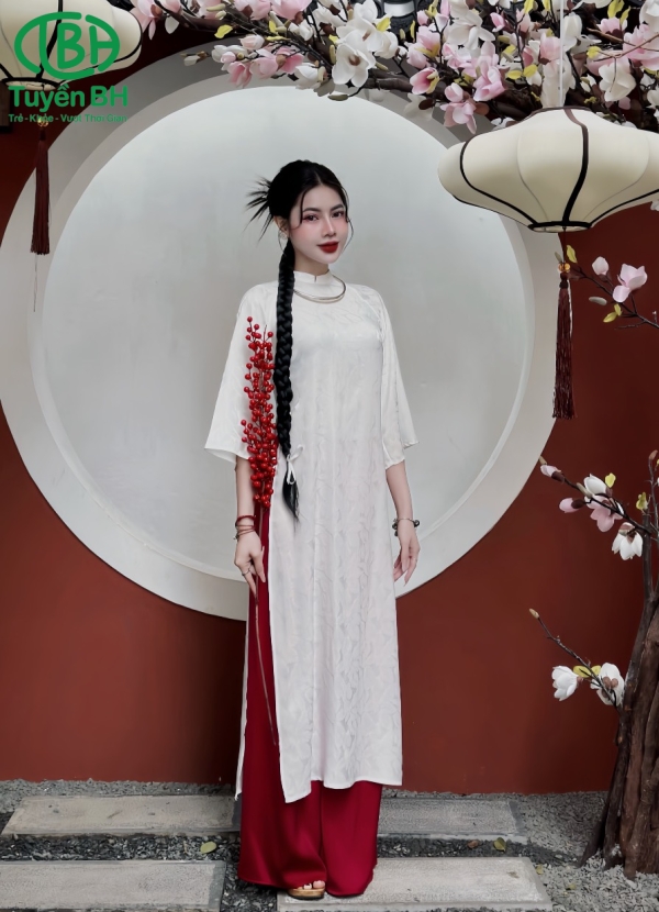Áo dài vân lá Hồng sen 