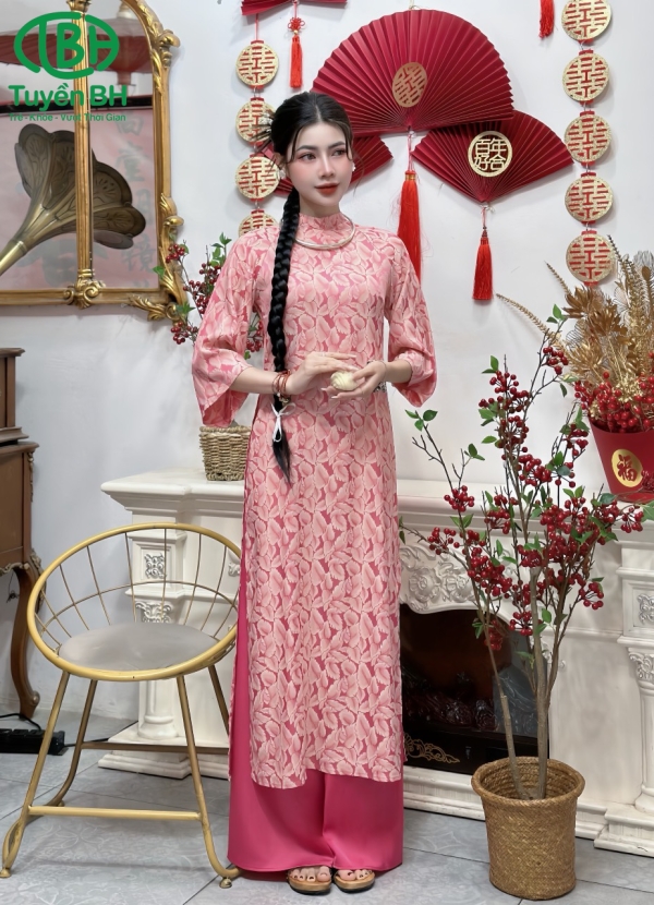 Áo dài vân lá Hồng sen 