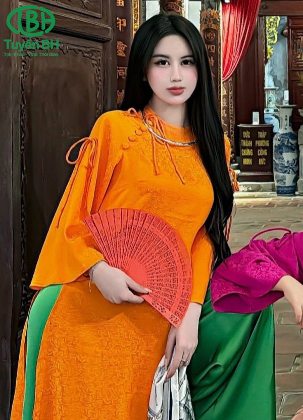 Áo dài Xanh gấm hoa trà đính nơ