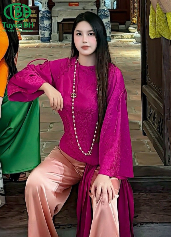 Áo dài Xanh gấm hoa trà đính nơ