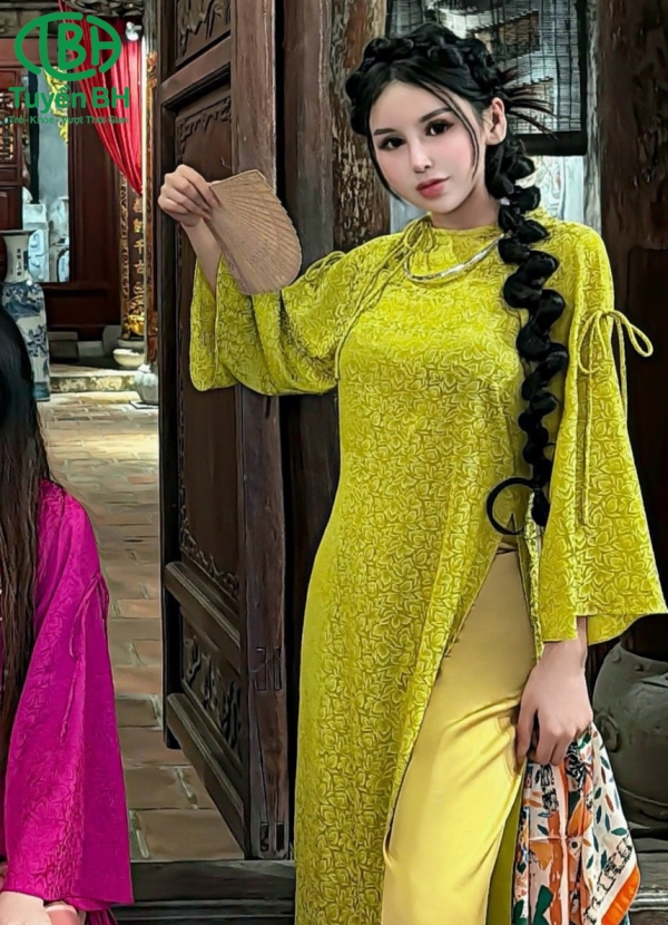 Áo dài Hồng sen gấm hoa trà đính nơ