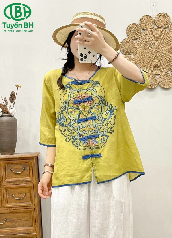 Áo linen họa tiết nút tàu Cam