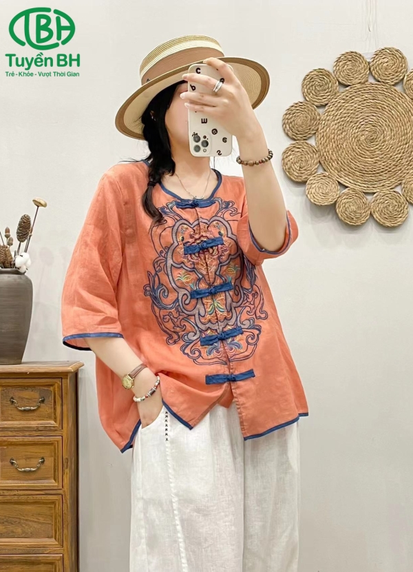 Áo linen họa tiết nút tàu Xanh dương nhạt 
