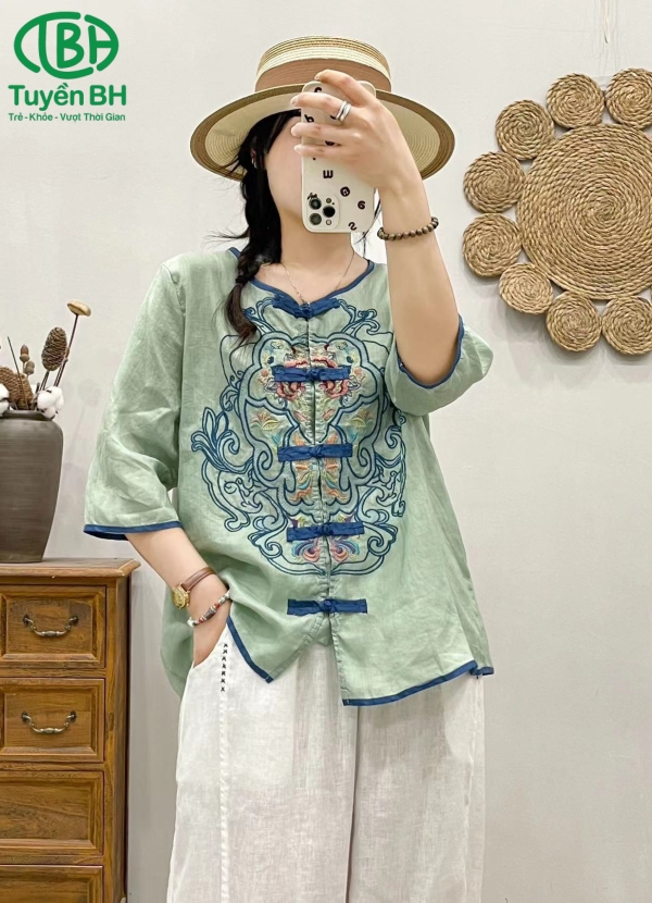 Áo linen họa tiết nút tàu Xanh