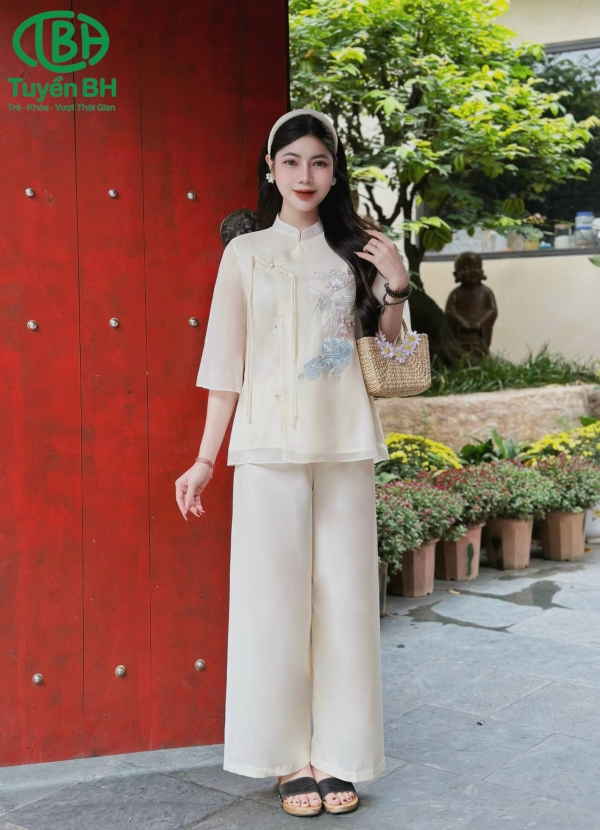 Set tơ Hồng thêu hạc dây rút