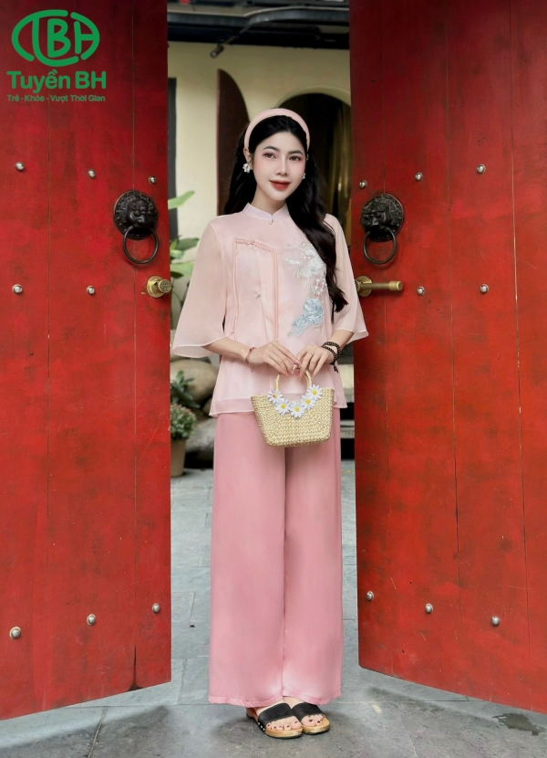 Set tơ Hồng thêu hạc dây rút