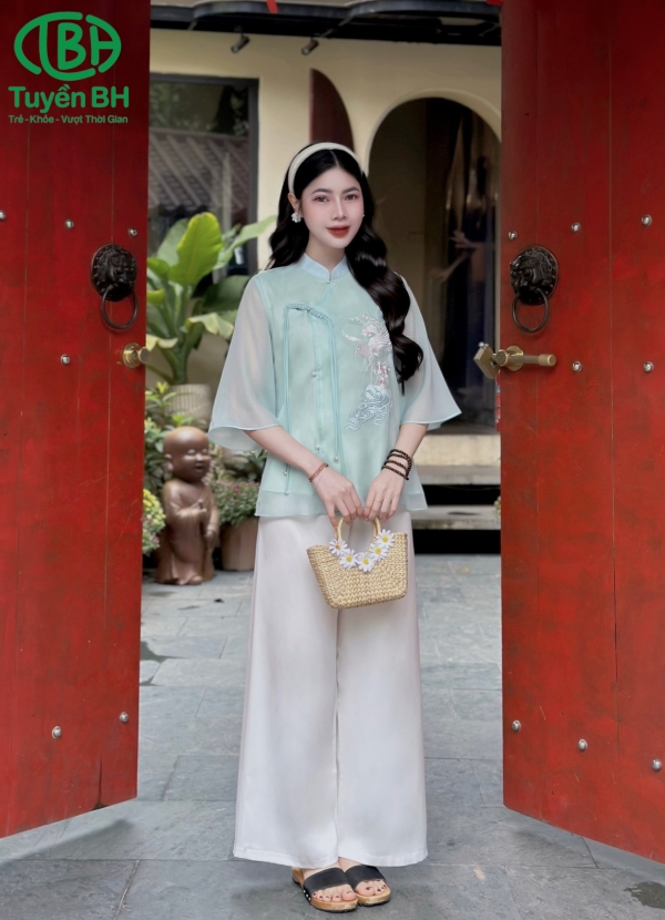 Set tơ Hồng thêu hạc dây rút