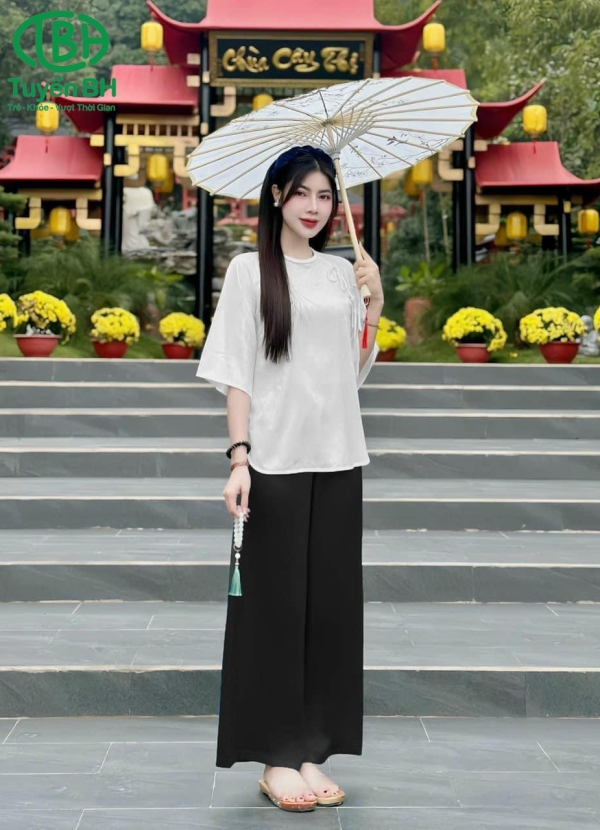 Bộ lam quần Đen cổ Tết dây nơ 