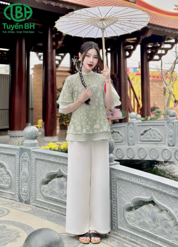 Set voan Xanh hoa nổi 2 lớp