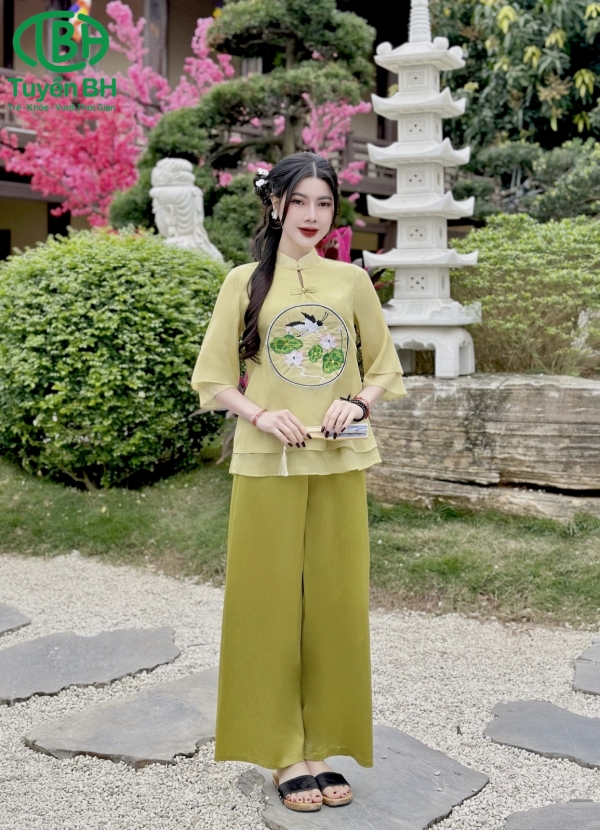 Set thêu hạc cổ tàu Xanh
