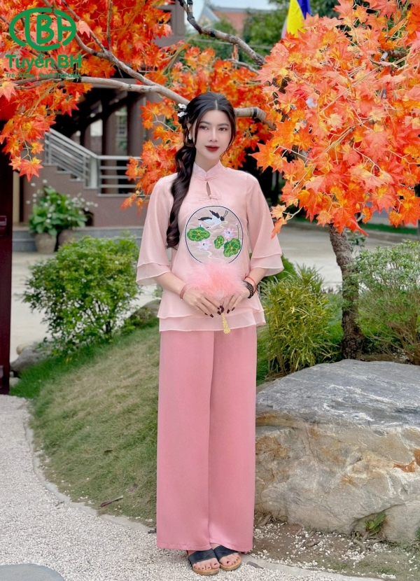 Set thêu hạc cổ tàu Hồng 